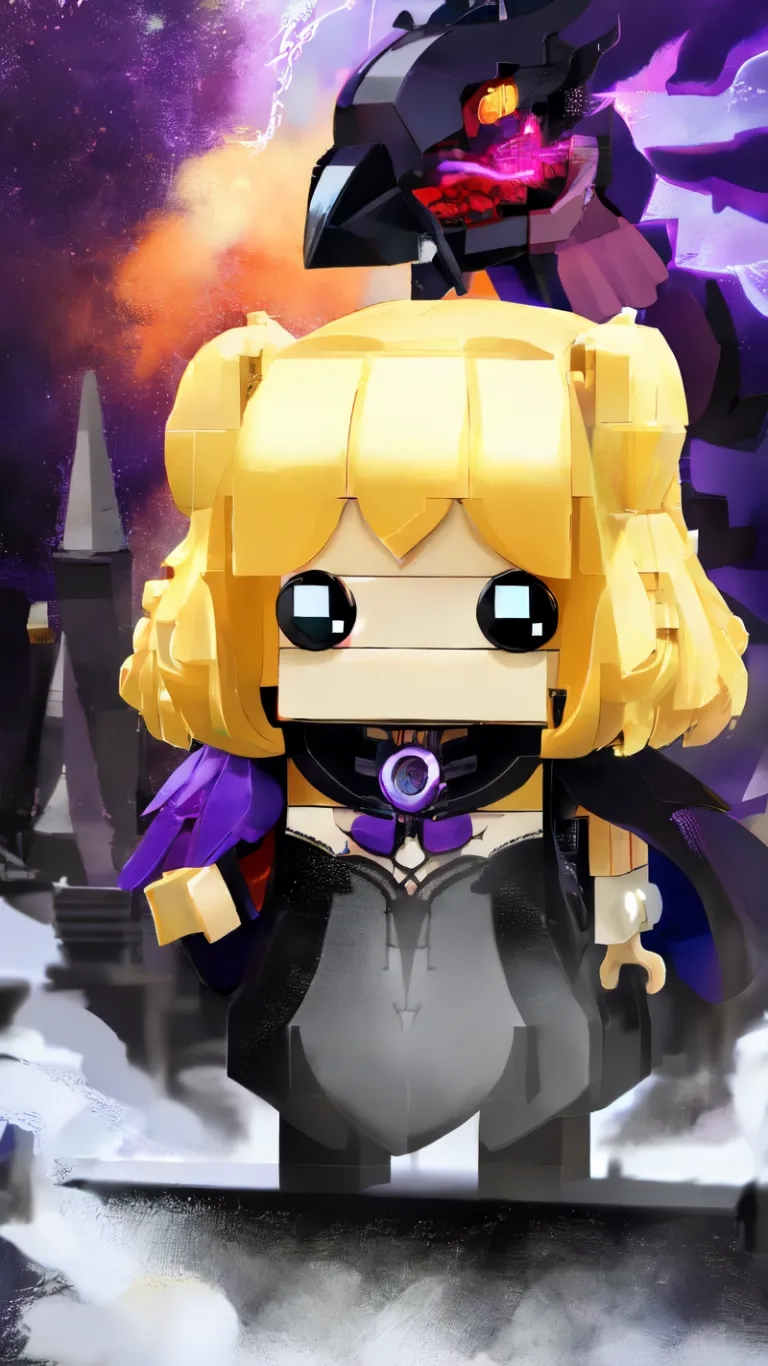 a lego character dressed as the power girl and a robot in space next to it with storm going on the back of her behind her in the scene