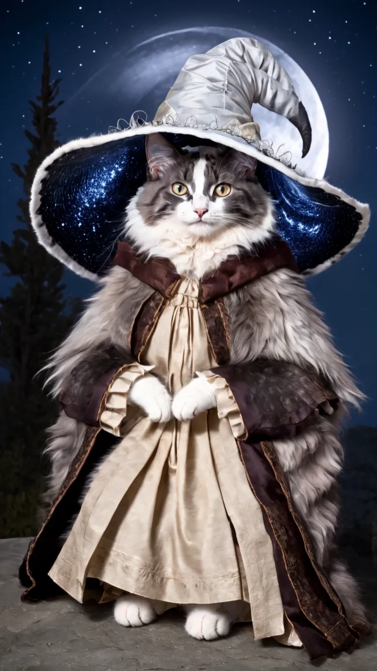 a cat wearing a large bonnet and dress
