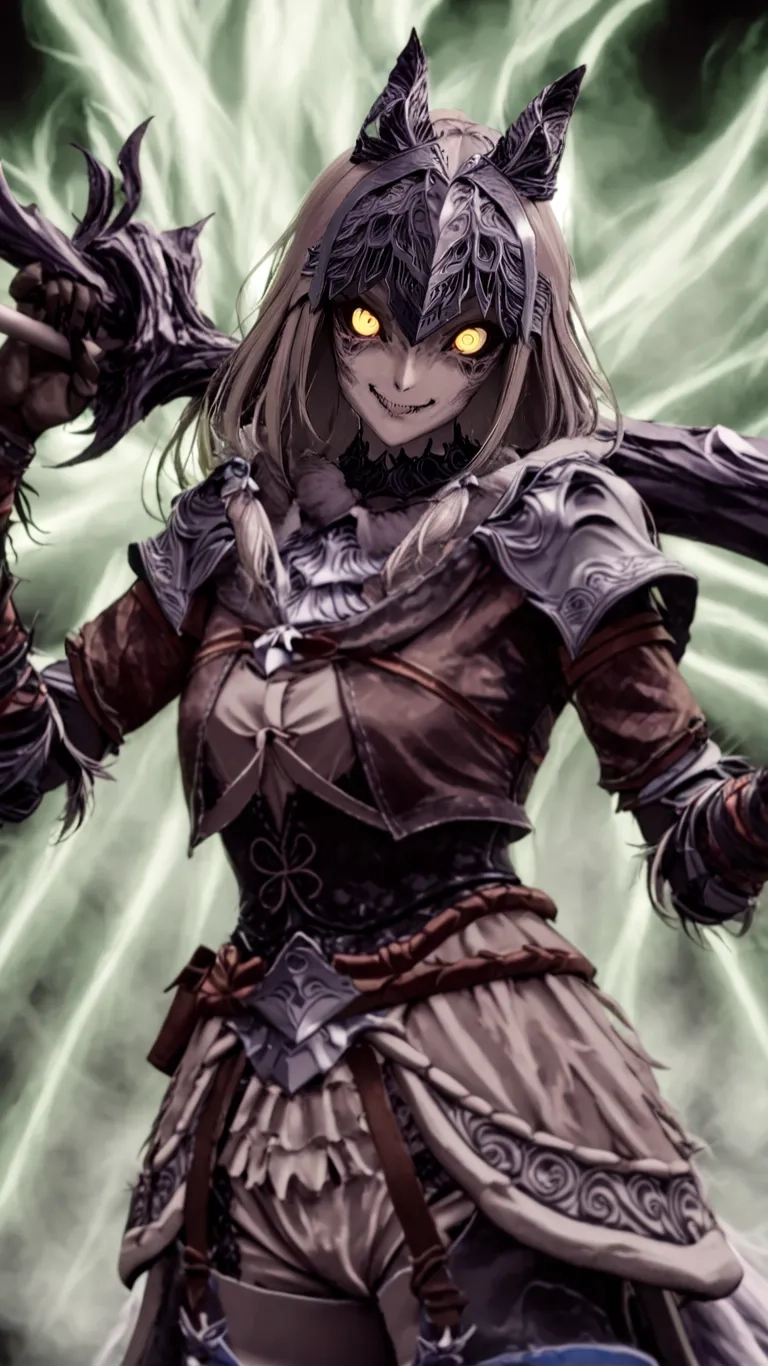 an image of a beautiful elf with glowing yellow eyes in her hands