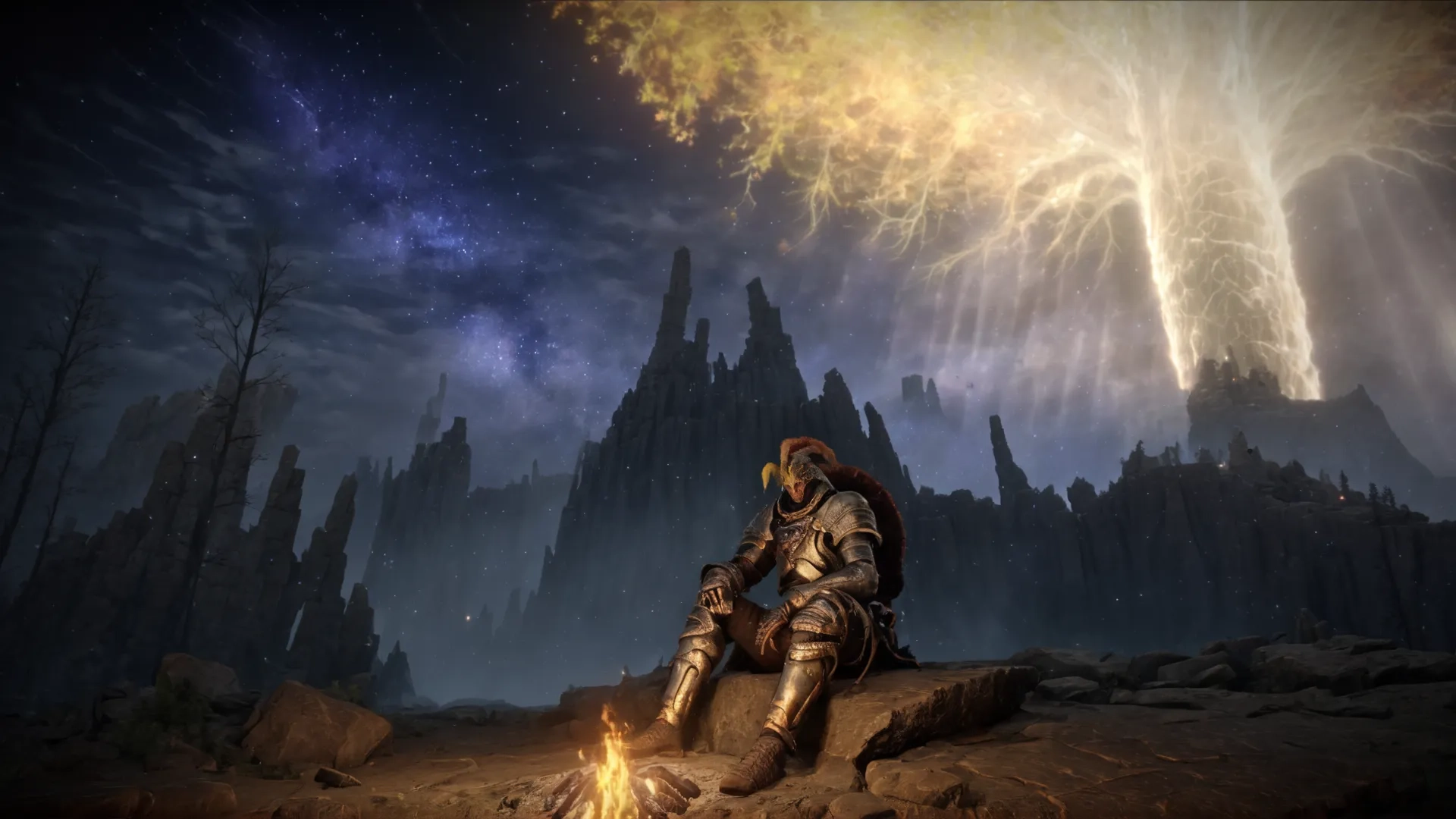 a knight sits at a fire in the dark woods