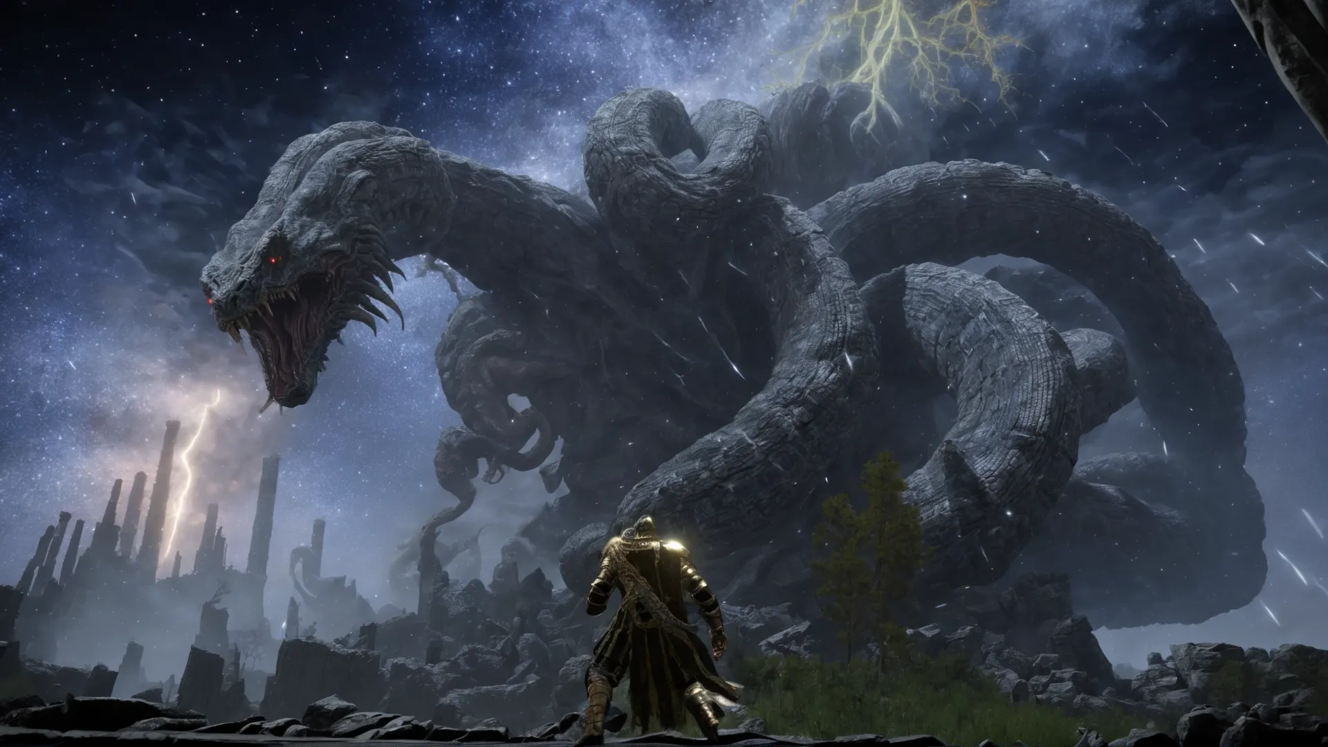 someone standing in front of an enormous godzilla, a giant monster that is holding a light