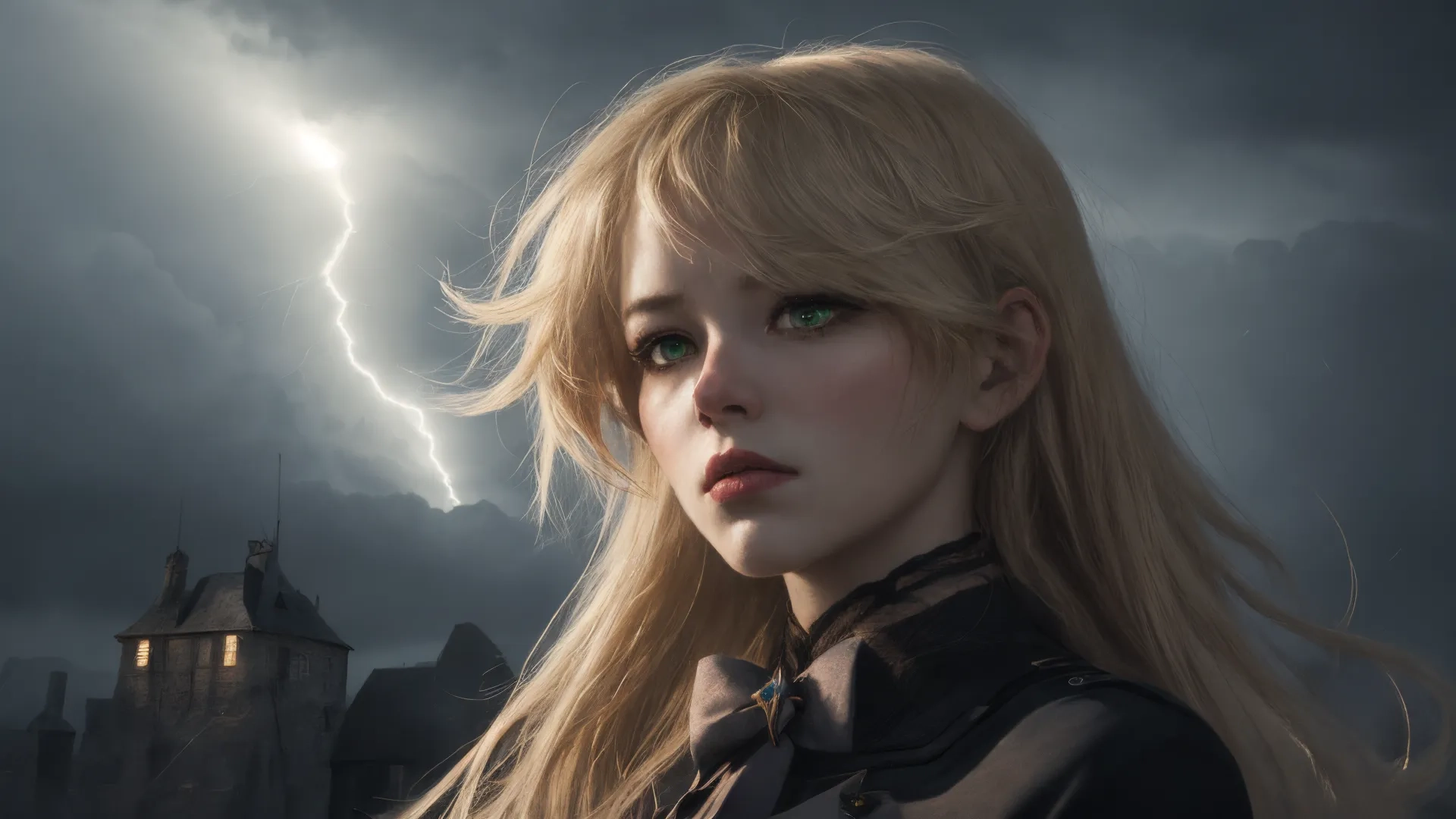 attractive redhead female in front of city at night with lightning bolts in background or possibly very scary face with storm clouds and thunder strikes behind her ear