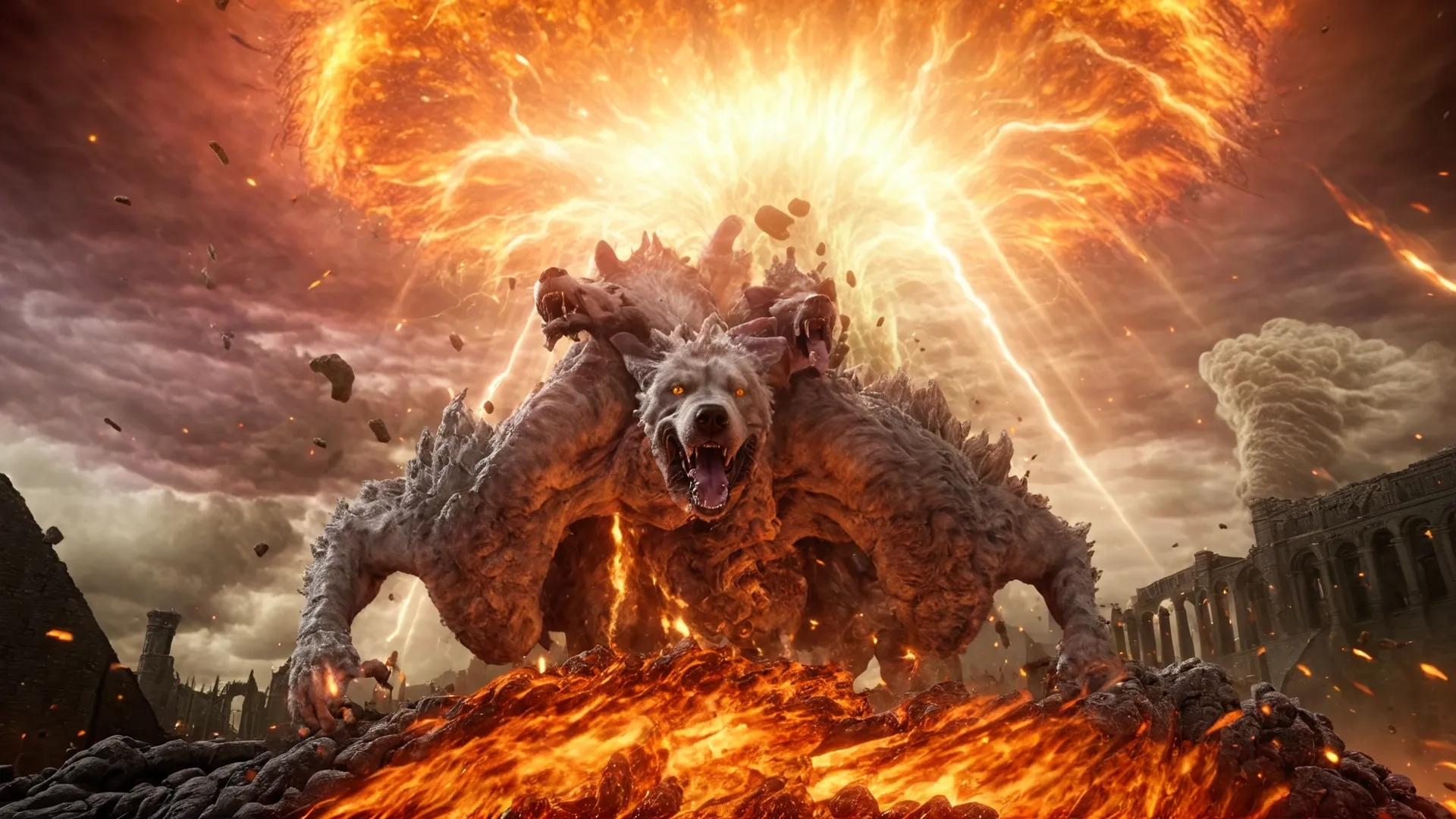 demonic monster with huge fiery explosion and lava lava