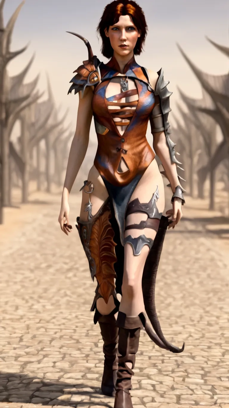 a woman with armor and some kind of armour walking in a desert