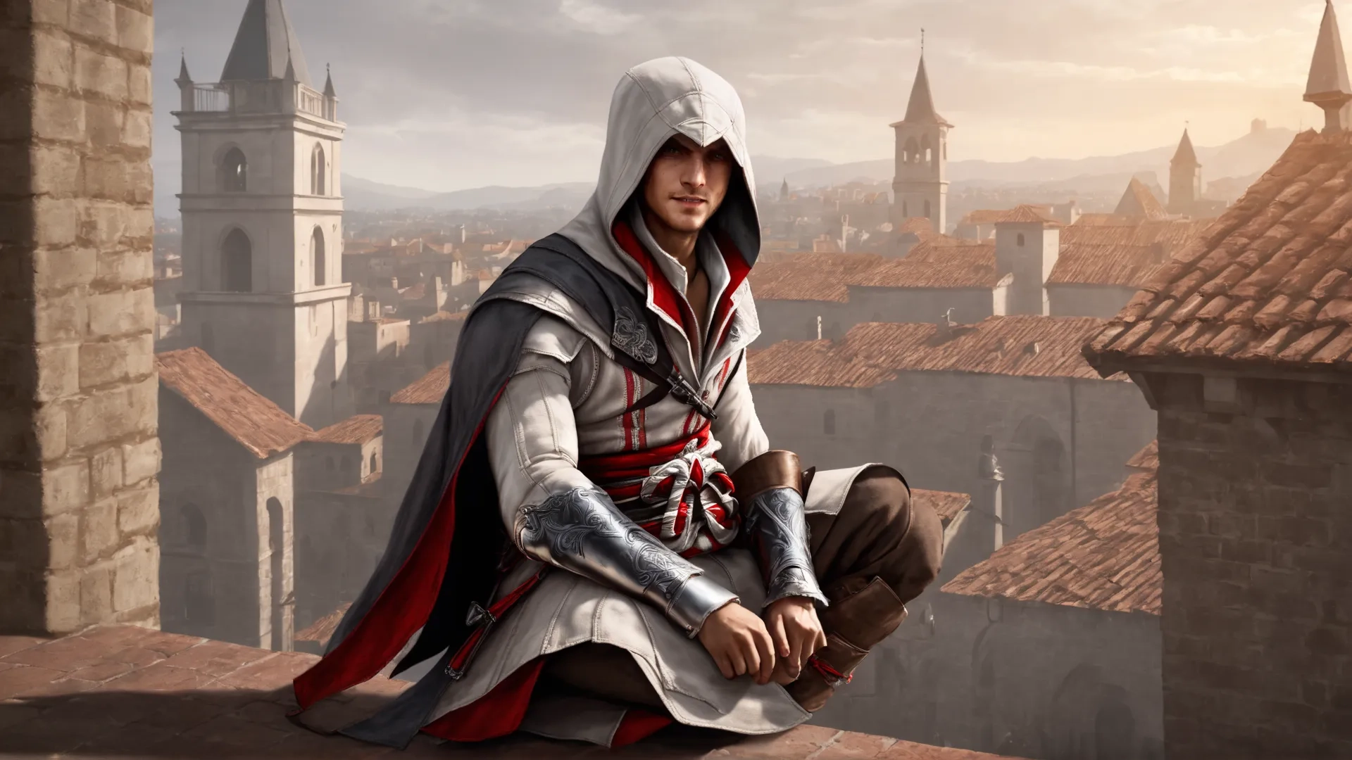a person sitting down on a railing with a castle in the background