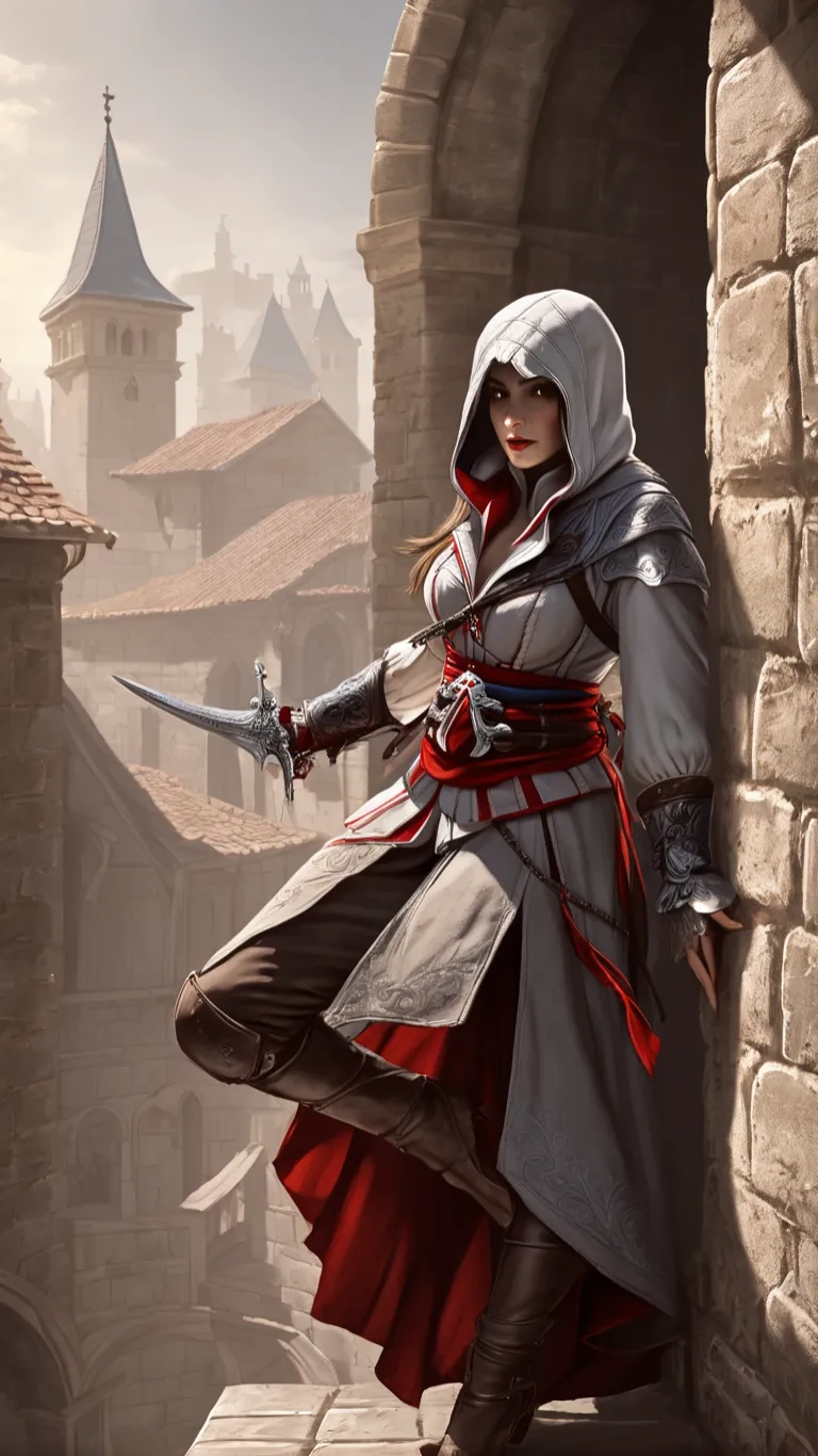 a woman with a sword standing on a castle wall