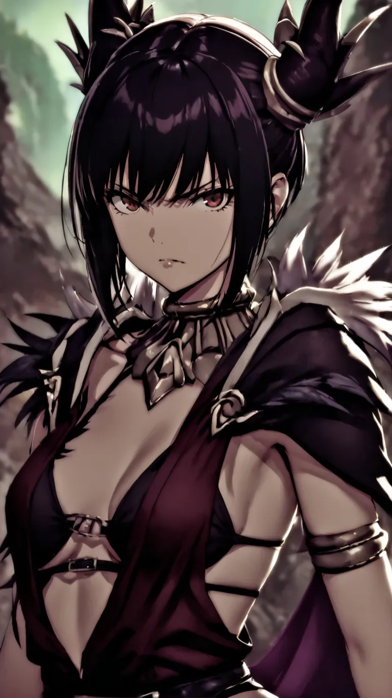 an anime character dressed in black, wearing horns