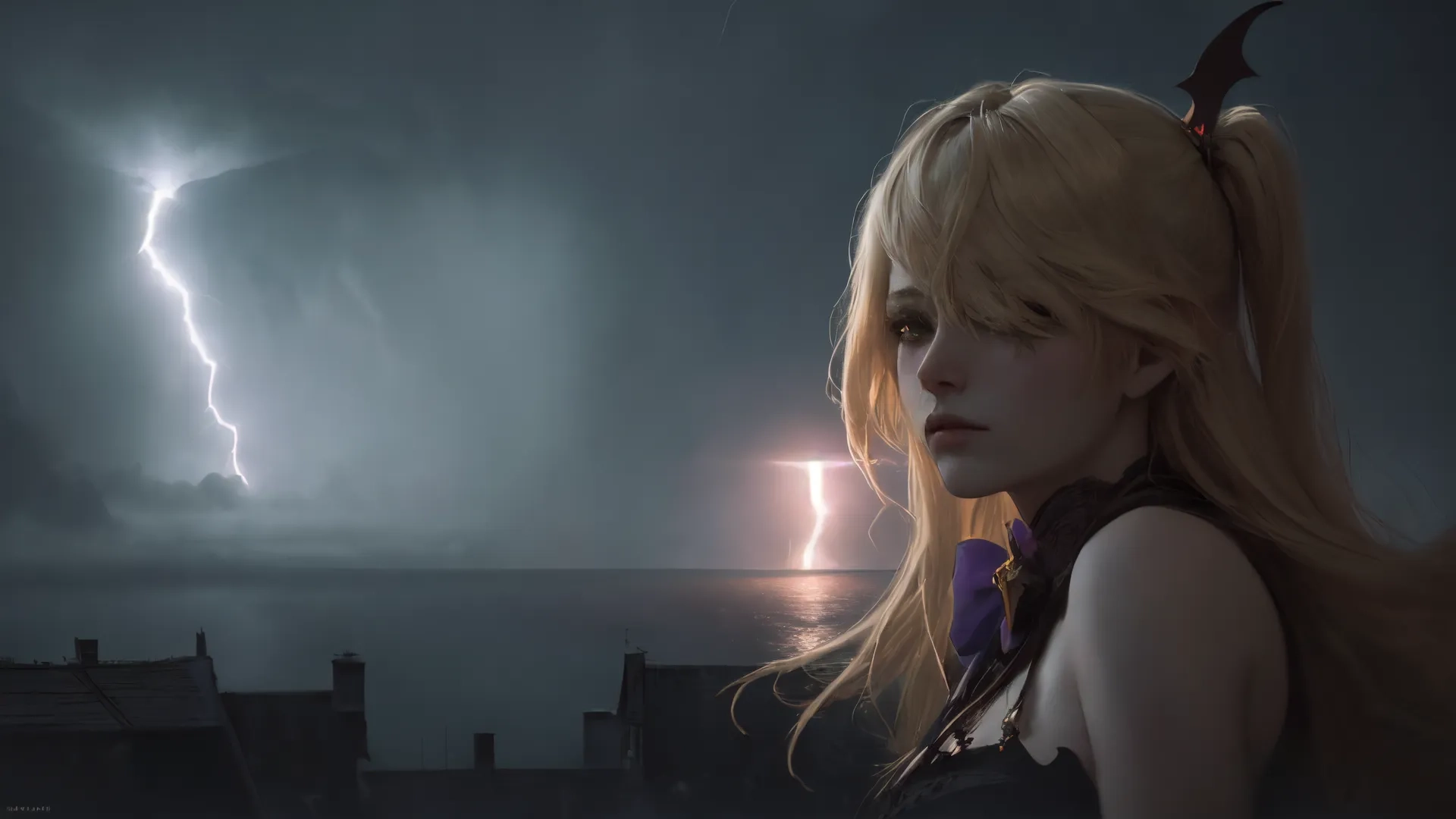 a girl near a lake with lightening behind her in a thunder storm storming sky and buildings above her in the background has clouds, lightning and bolts