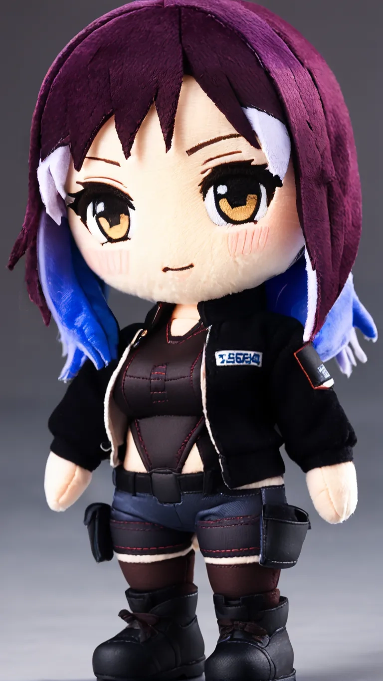 a stuffed doll with big black eyes wearing black boots and a purple hair