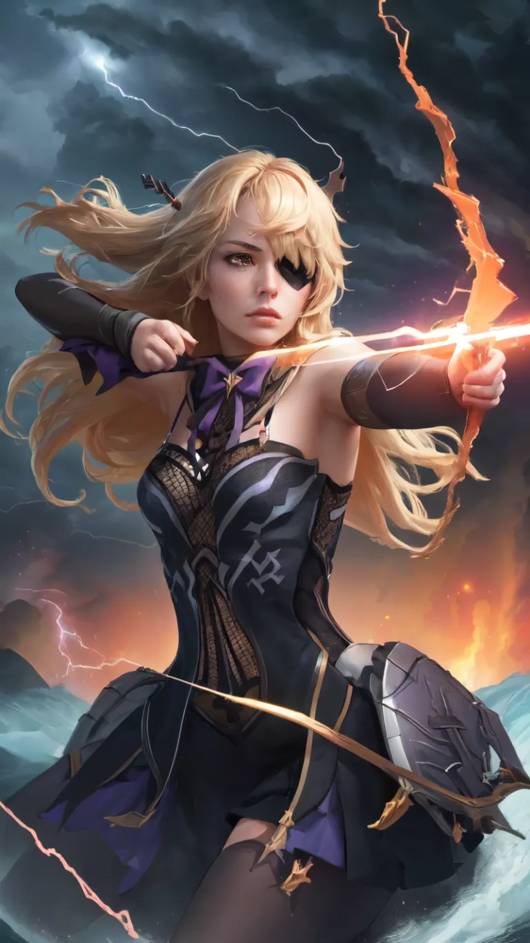 a woman that is standing in the grass with a sword in her hand and lightnings rising from the sky behind her, while her are two birds flying around her wings, and mountains
