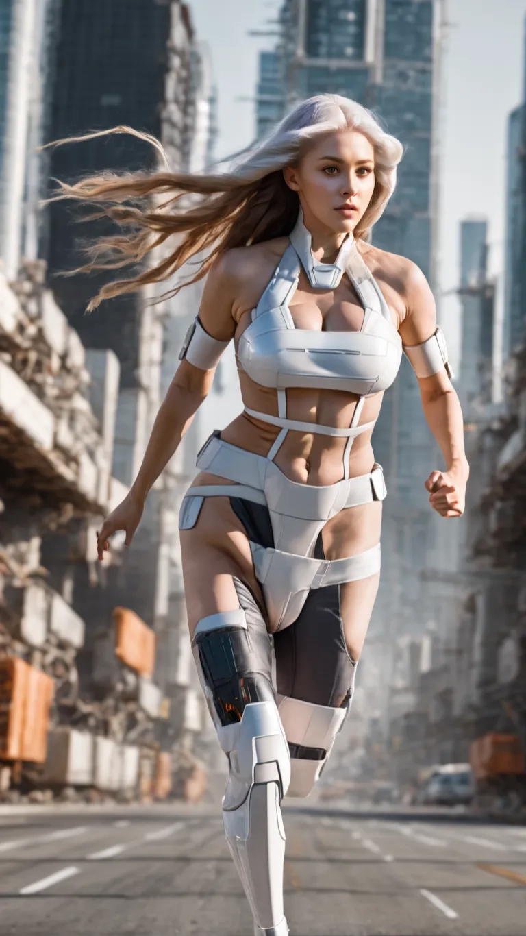 a cosplay woman running with a futuristic gun