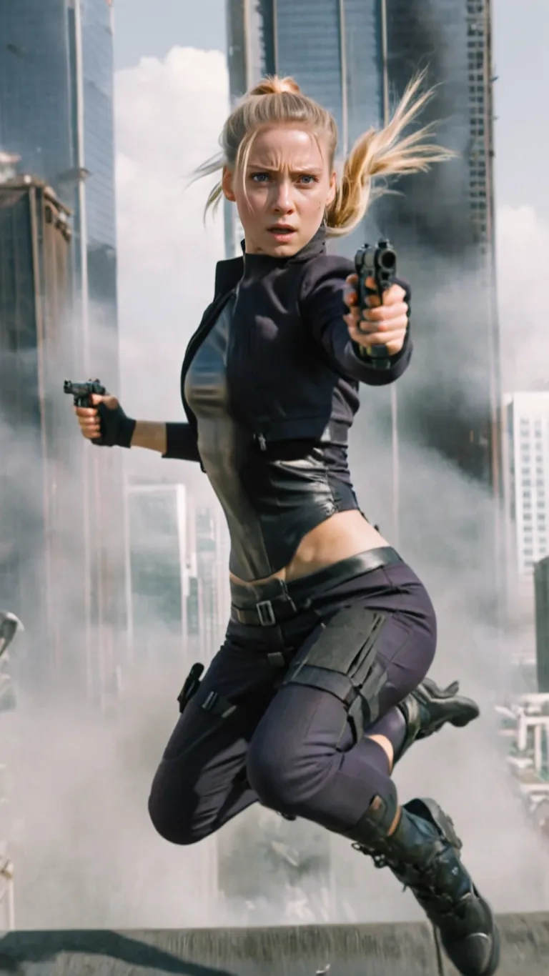 a woman on a stage in a city, shooting a gun