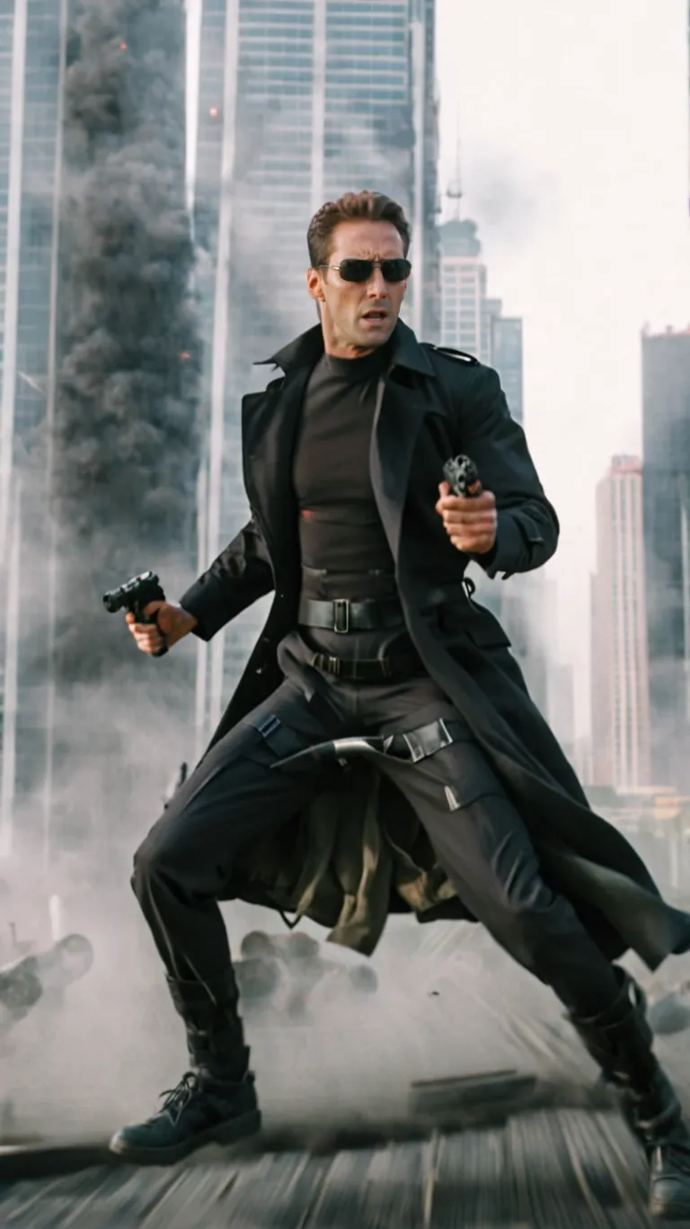 man with two guns, in a tall city