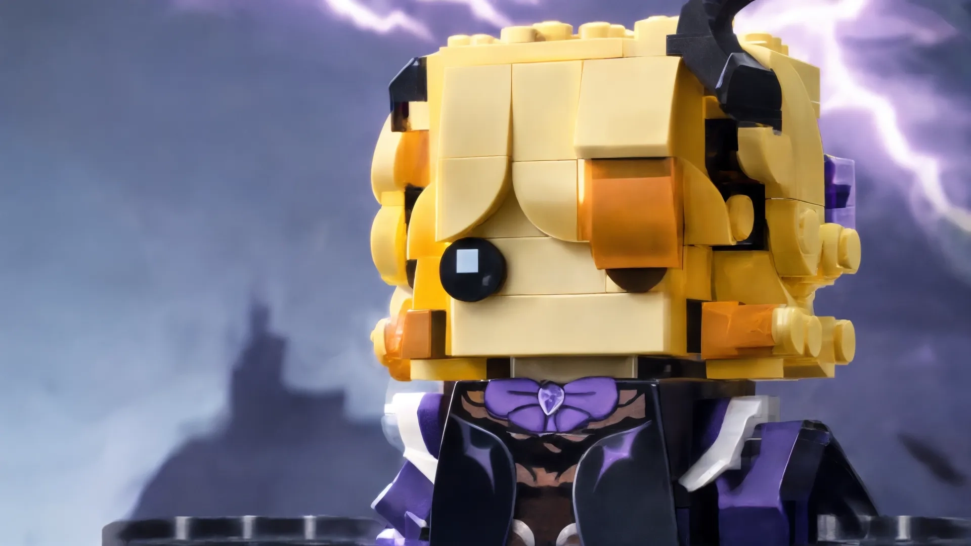 someone uses lightning and thunder to make some amazing legos from their creation sets set 1 - the purple ranger is wearing a cape, black and yellow helmet on a black coat, and gold