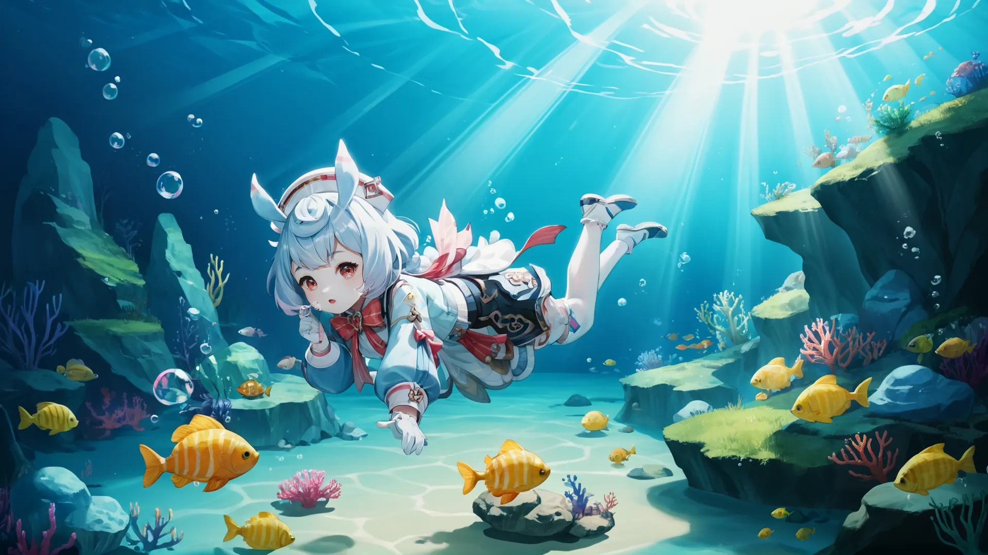anime princesses scuba in underwater scenes surrounded by coral and other inhabitants in deep blue sea water with fish in it