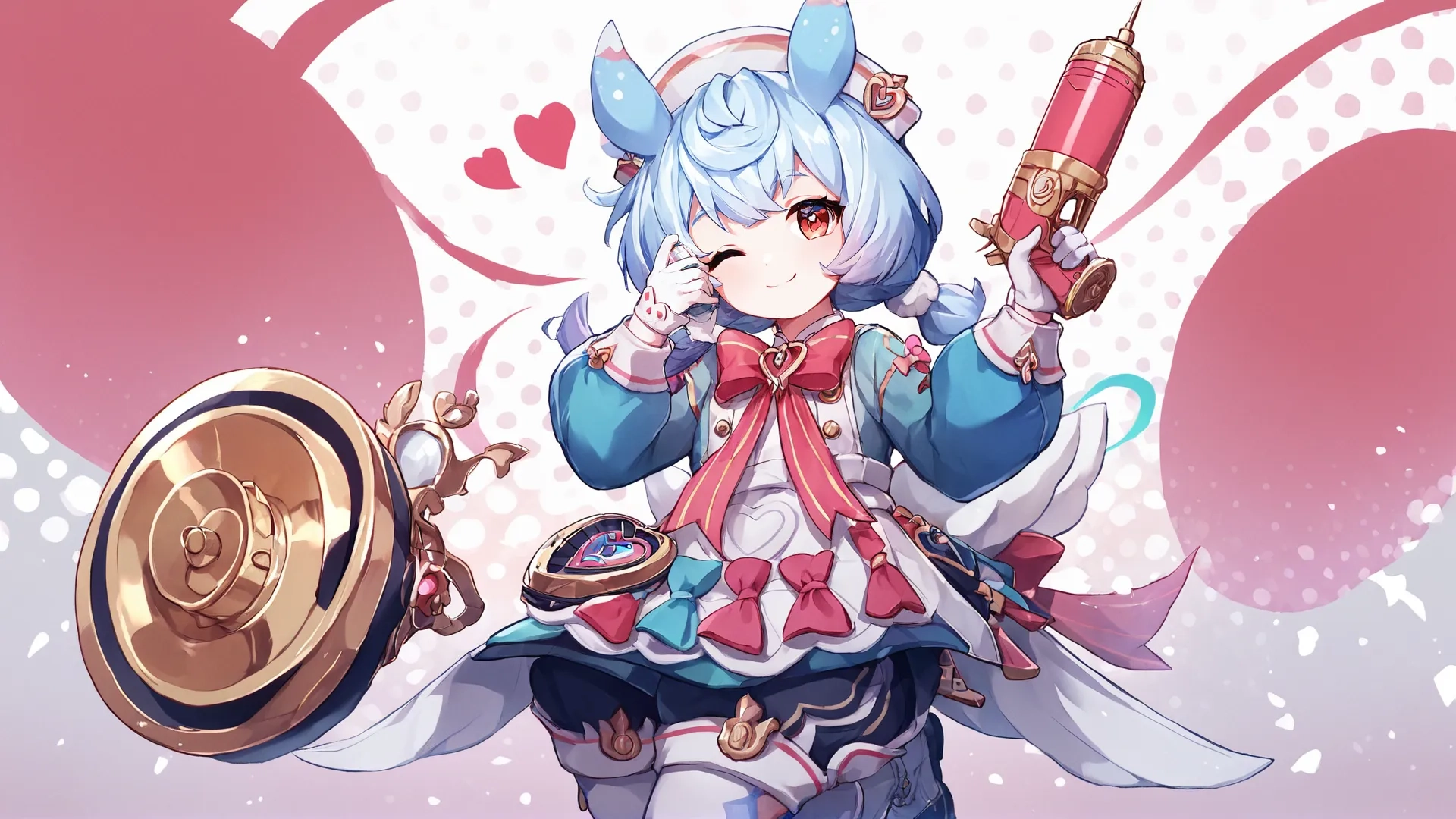 a woman holding a shield and a wine bottle standing on top of a table next to a clock and other pieces of artwork