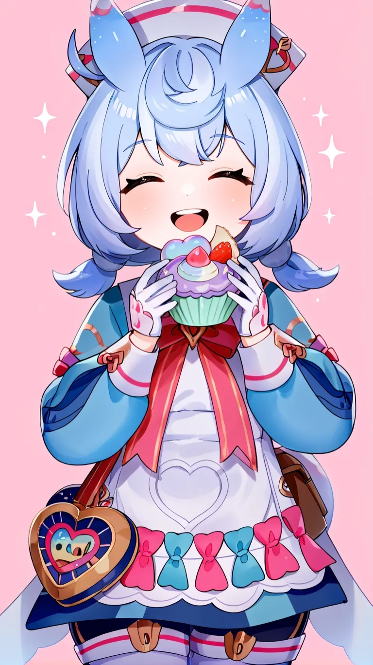 an anime character holding onto a cupcake with the same expression as she eats a muffin with an evil hat on top