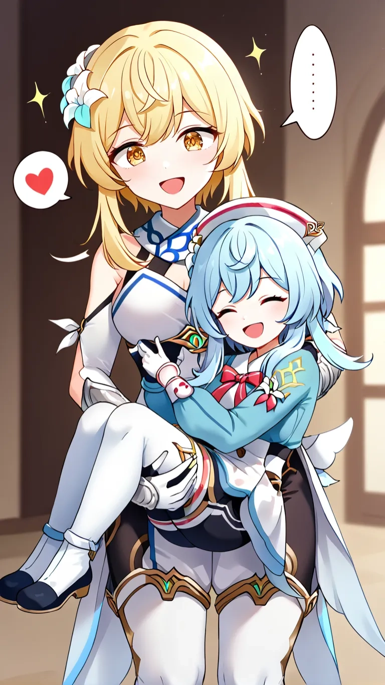 two very young ladies dressed in the same clothes and posing with one another while standing near a wall with clouds
