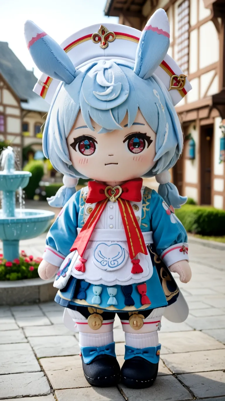 a stuffed doll with a sailor uniform on it's head standing in the middle of a courtyard, beside a fountain