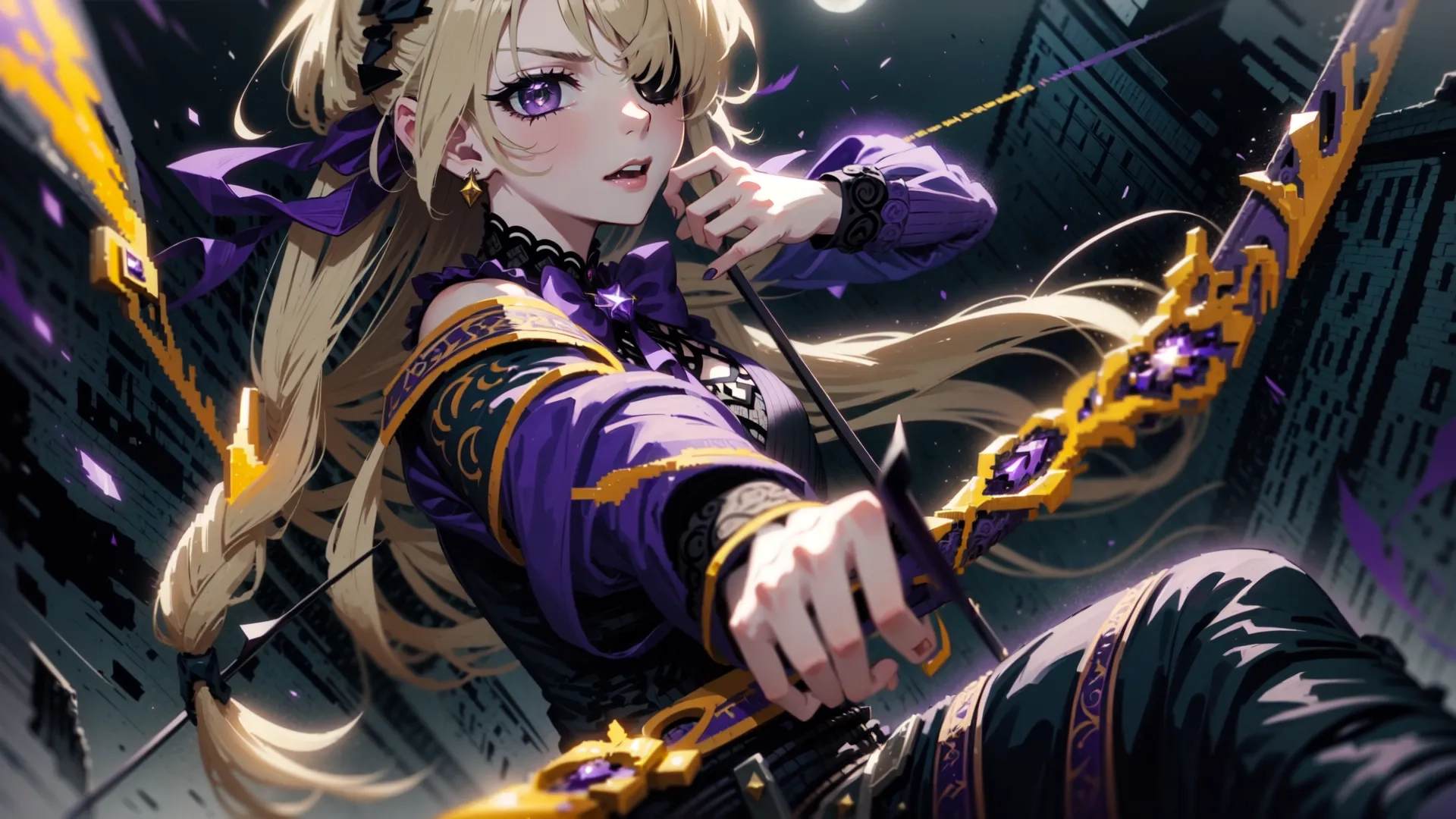 a young woman with blonde hair holding an arrow and bow, while wearing a purple outfit, stands close to a wall with buildings and city behind her