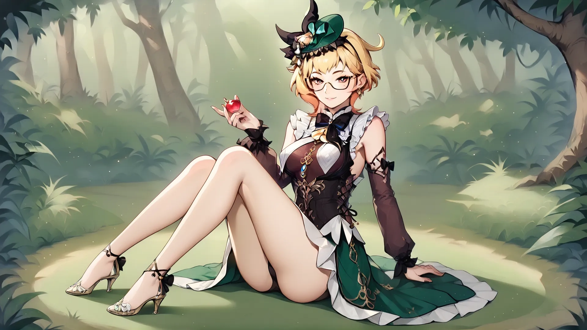the girl is sitting on the ground holding onto a cherry in her hand and it's dark green color