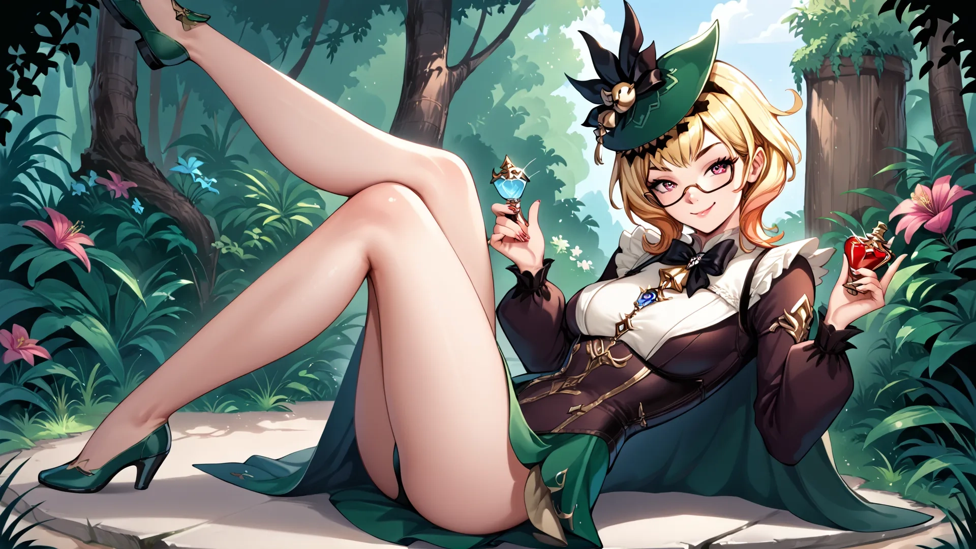a long haired girl on top of a hill with flowers and insects in her hands posing for a picture with an empty bird perched on her leg