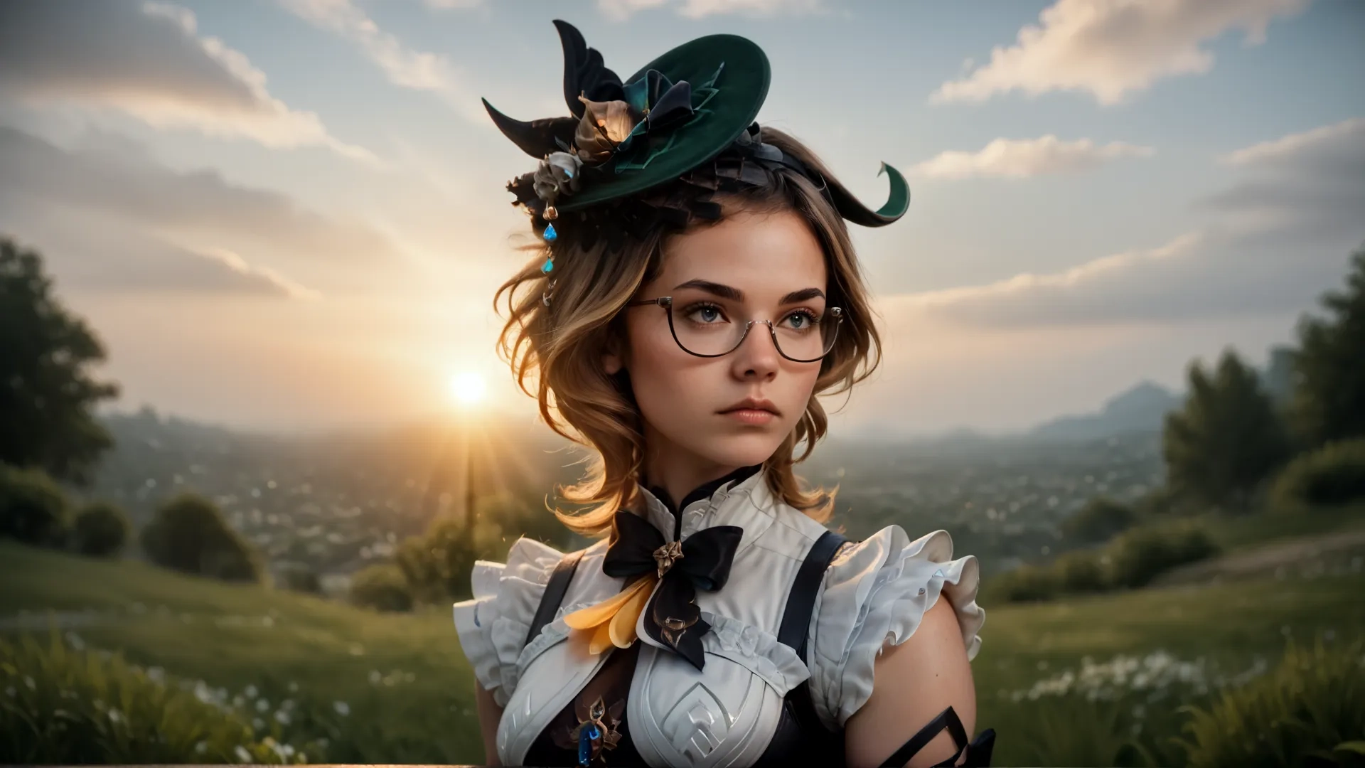the portrait is of a woman wearing glasses and green hat on her head with sunlight behind her and lots of trees