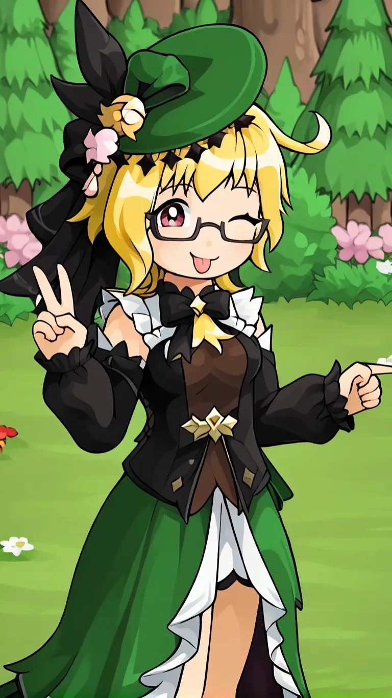 a female character dressed in an adorable green dress and hat with two hands standing outdoors in front of a hedge
