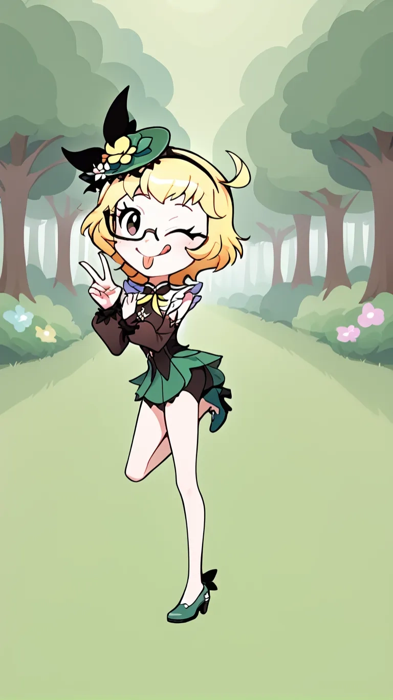 the girl in a witch costume is walking down a path by herself in a hat with long sleeves, a large green pointed headband and boots