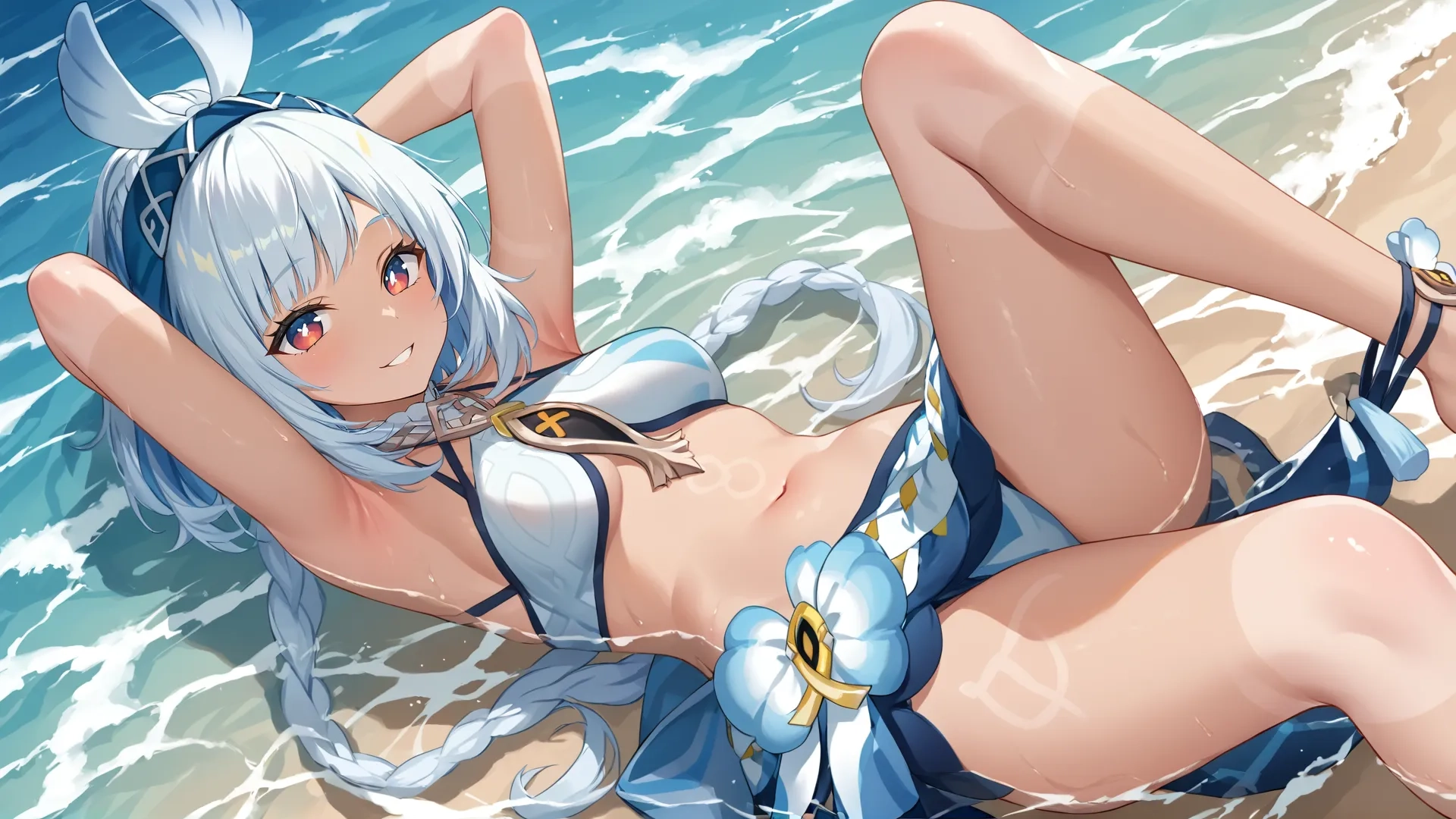 a pretty girl laying on top of the ocean