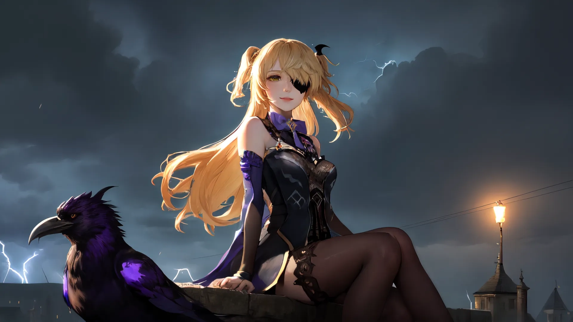 a woman sitting on a rock next to a raven with a light shining behind her holding a clock over her shoulder and looking at the camera,