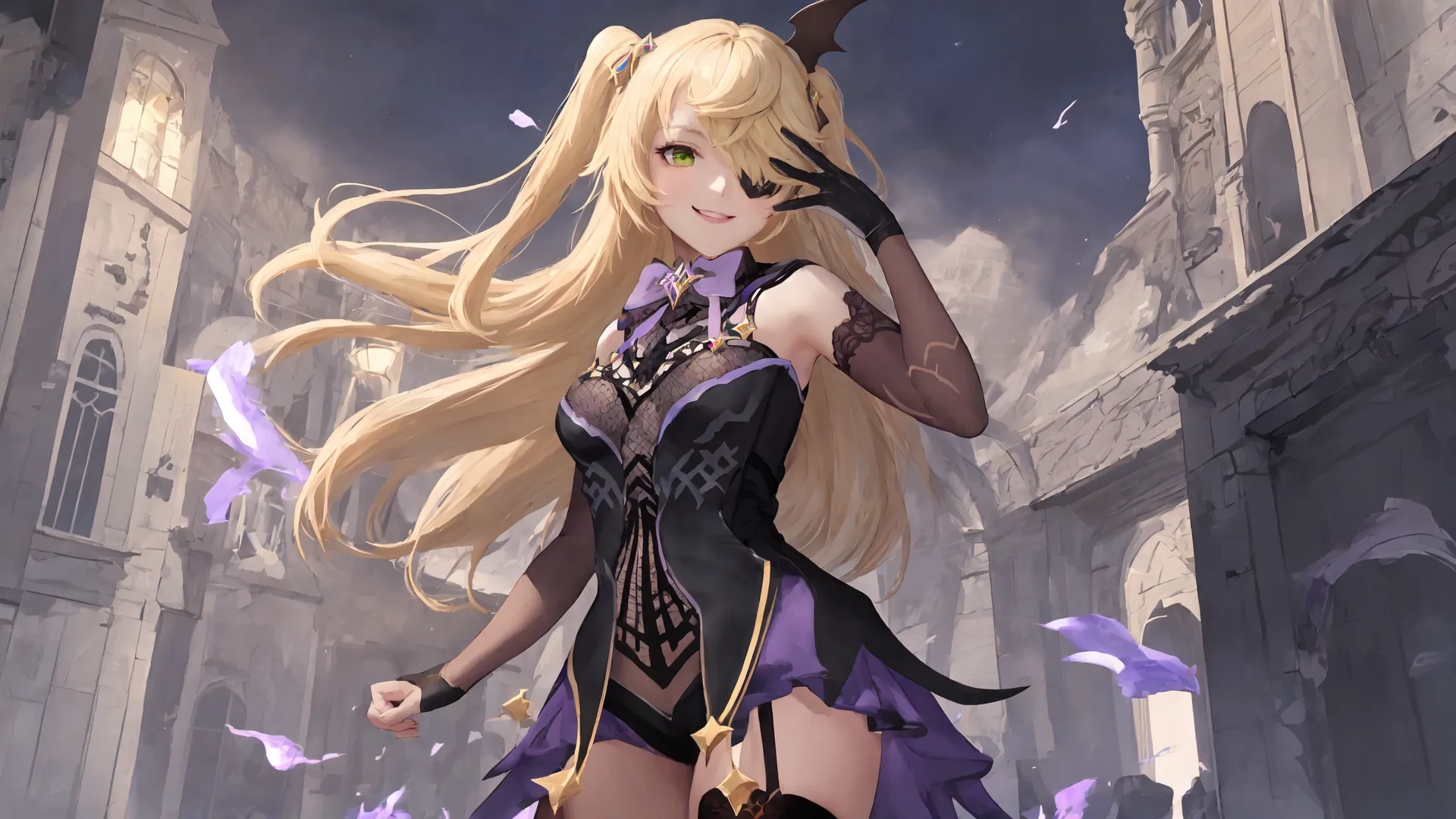 a anime girl on the ground in an elaborate dress and horned hat next to ruins with purple flowers flying nearby and a long haired woman with blonde hair