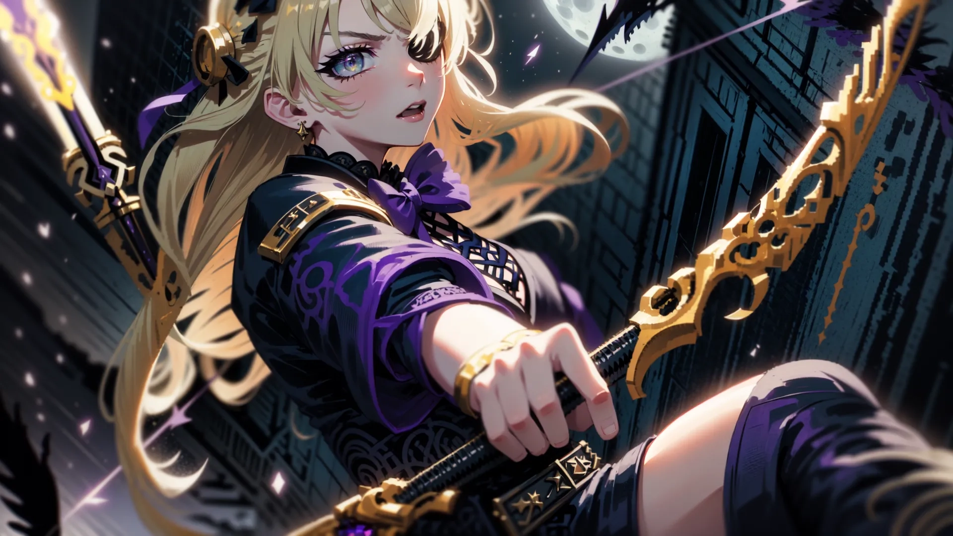 a girl is kneeling down near the moon and stars holding her bow with both hands and pointing it at it as if she are shooting in midairg