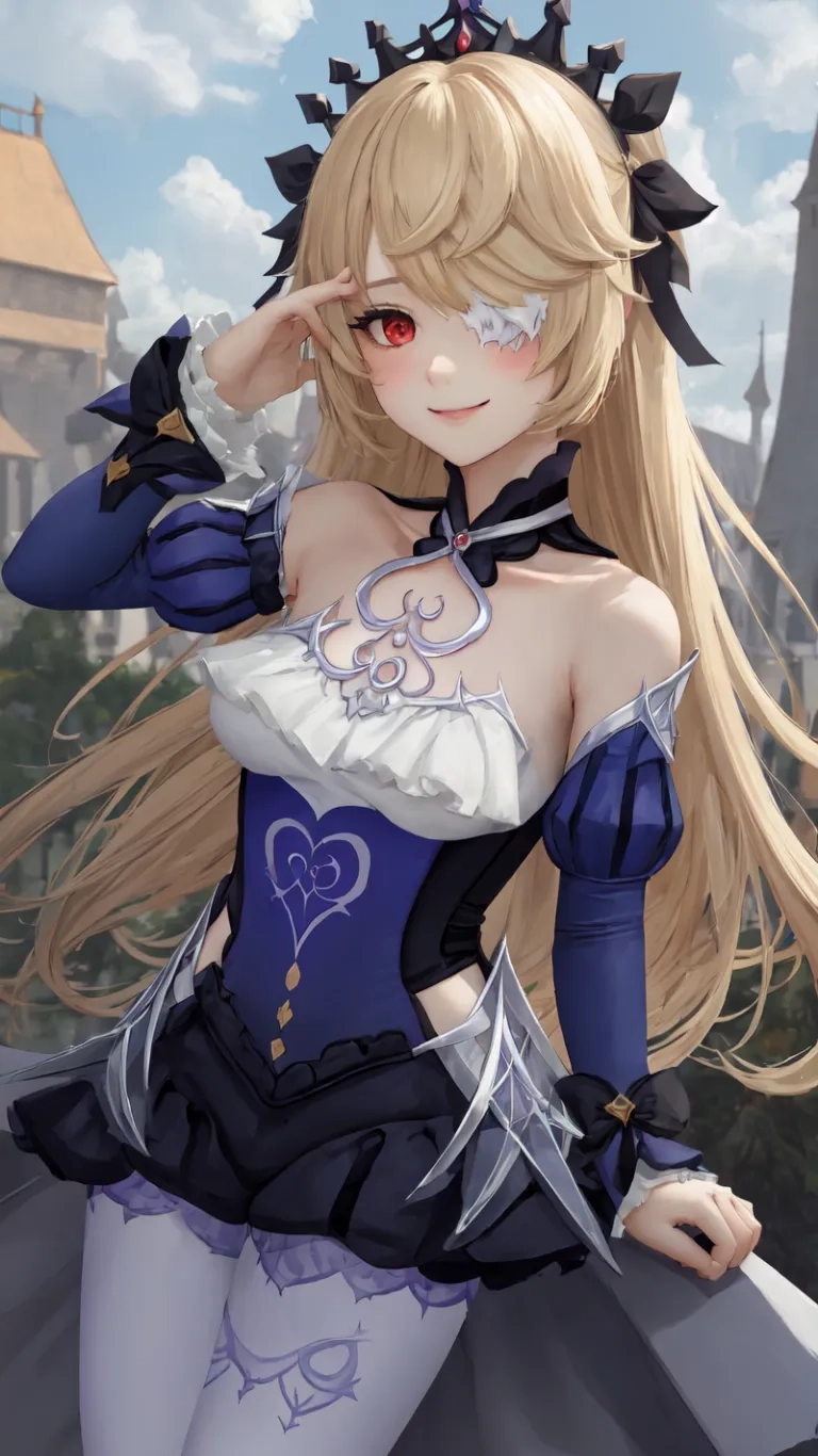 a cute lady with long blond hair and horns stands near a building, smiling and posing for the camera, wearing armors and gloves while on a leash