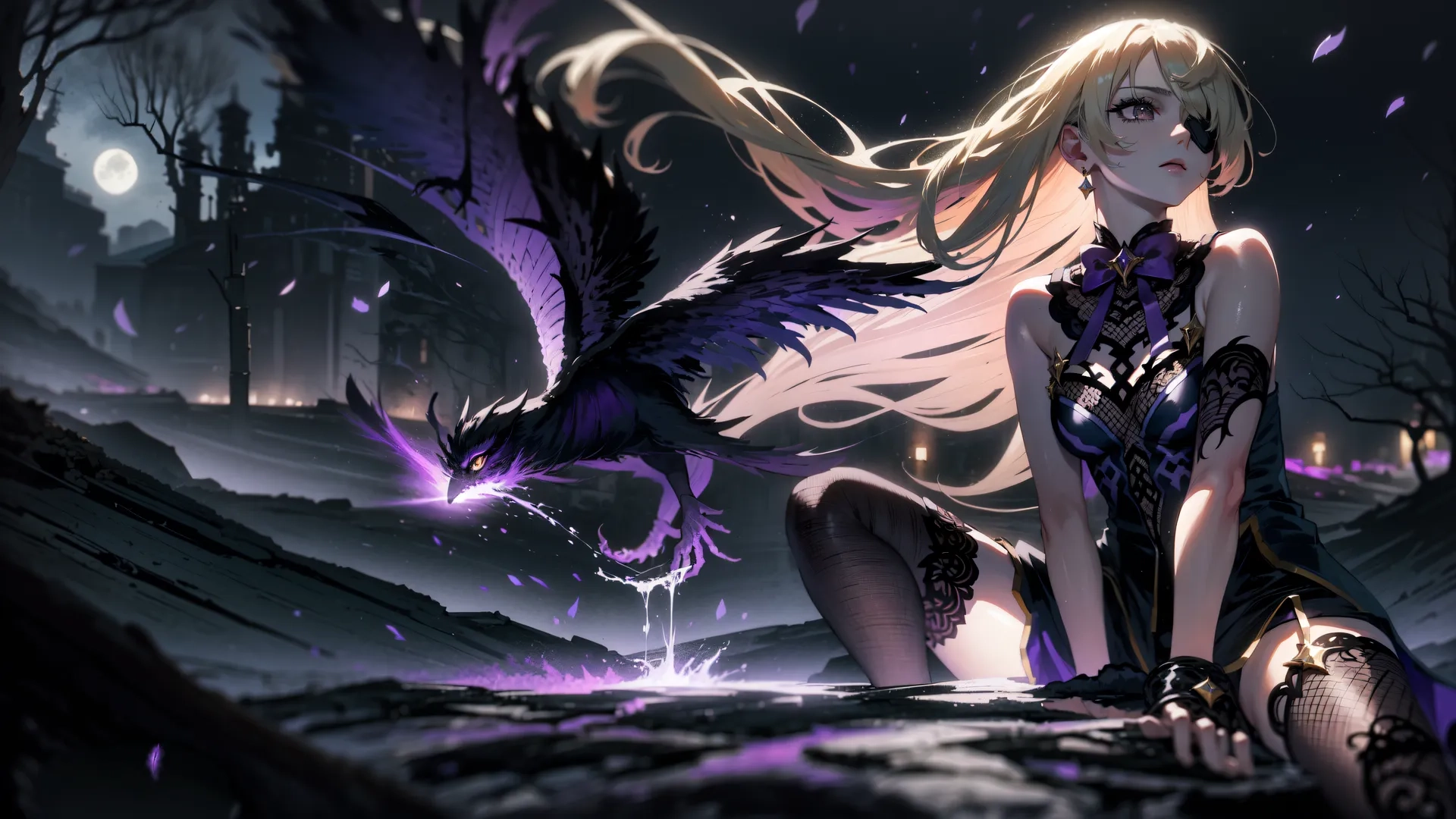 an image of a girl in a witch costume and her hands together, with a raven on the ground behind her flying bird across the scene at night