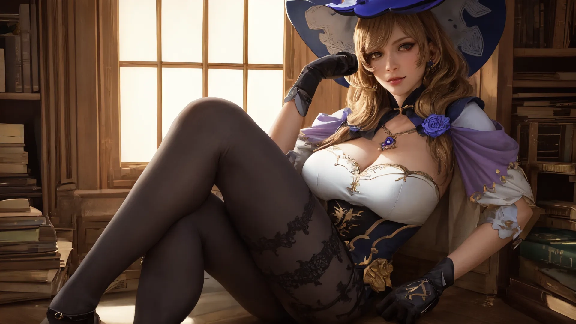 this young lady dressed like a witch is sitting in the window sill posing for a photograph with her hat and stockings on it's legs