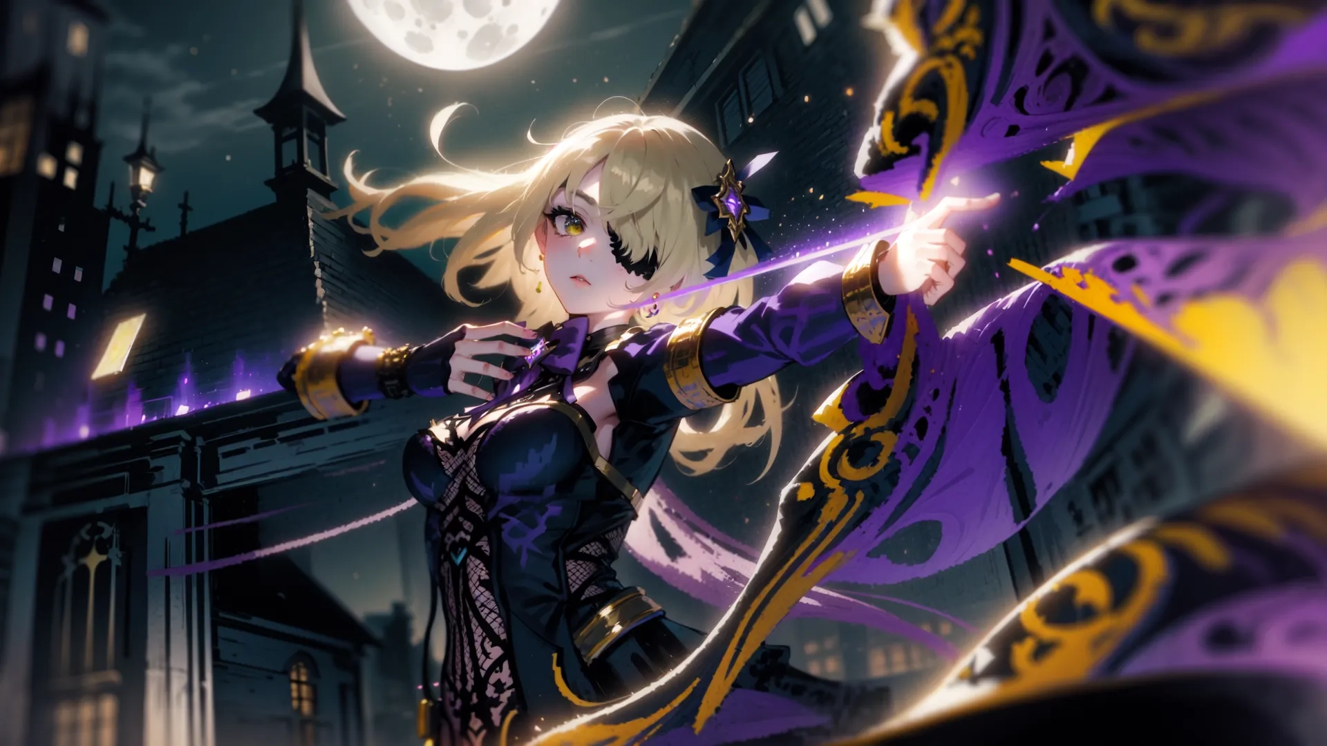 a female anime character aiming in the foreground with a gun at night in front of a town building, and a full moon behind her is dark, with stars