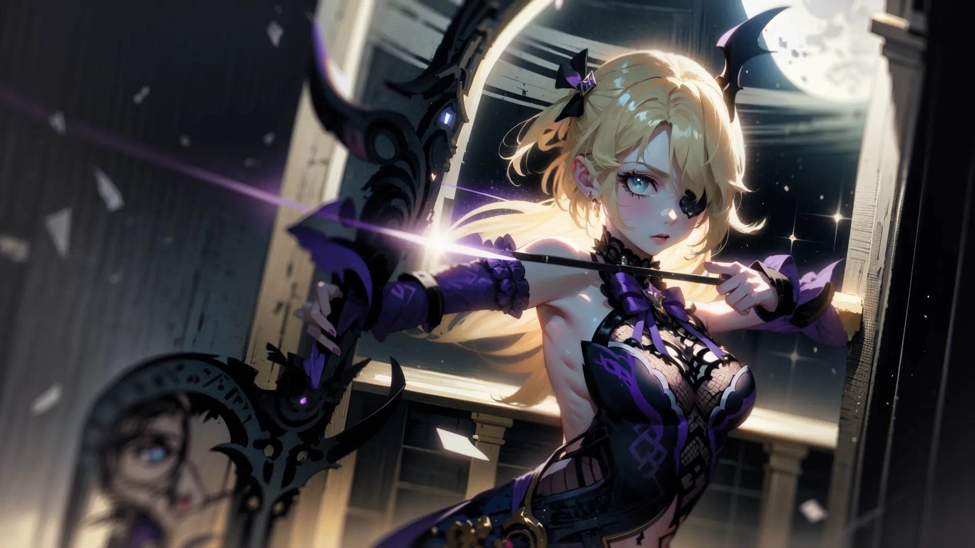 a lady with purple and black outfit holding a bow while standing under a window looking into an empty room with her weapon in front of her hand