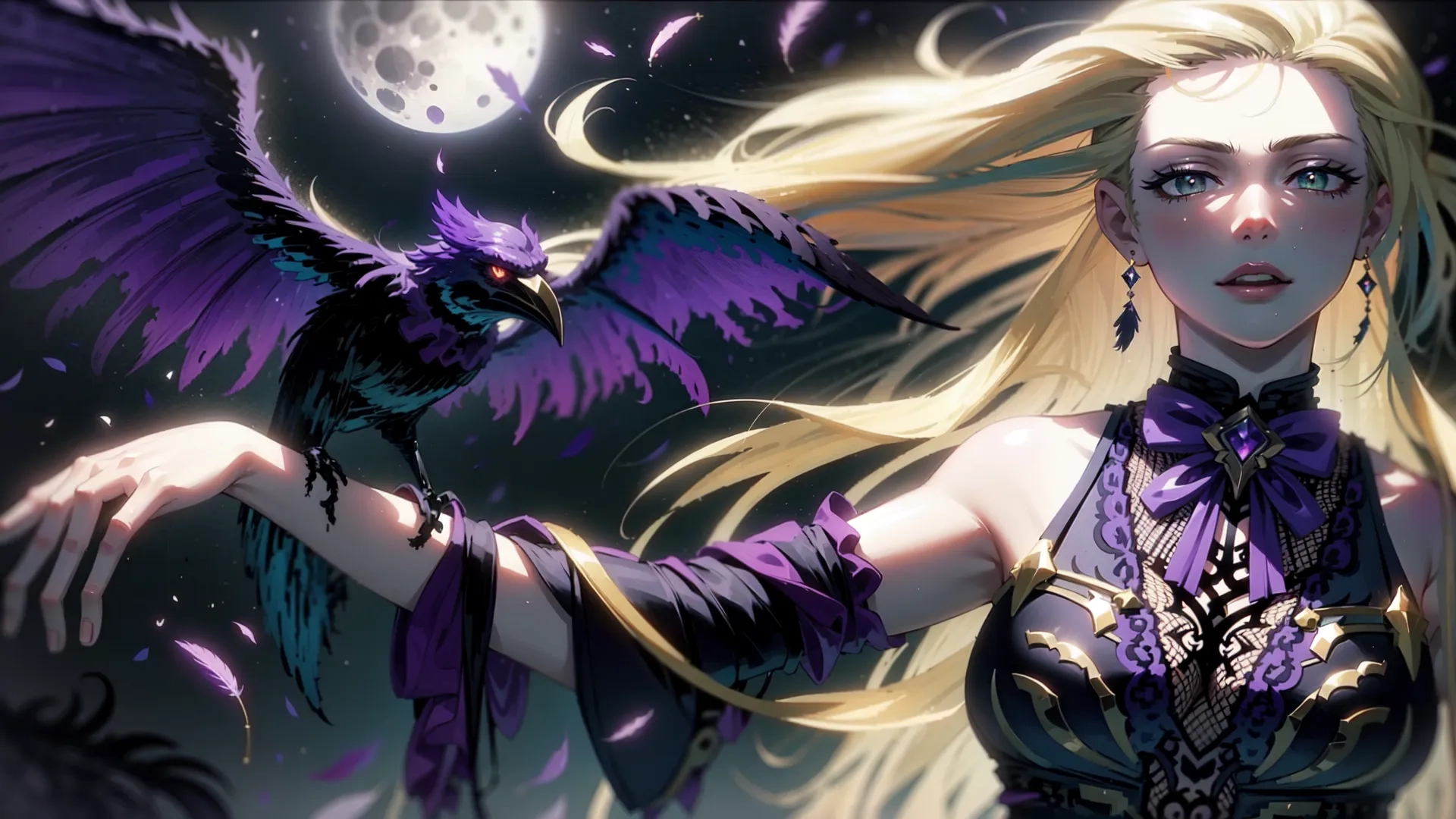 a woman is wearing a bird like mask and standing with her head up, beside a large bird, flying over her shoulder and at night sky