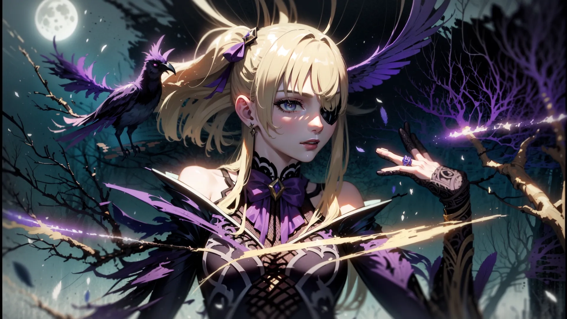 a woman that is holding her hand near their head and facing the camera with two wings down her face is standing in the darkness with trees and some birds