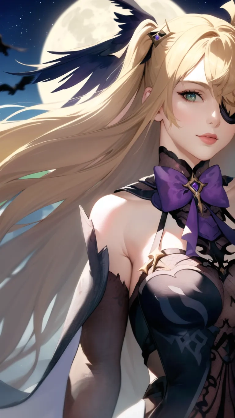 a cute blonde witch is staring for something under the full moon lit sky with witches flying overhead her hair has long, loose bangs that are very high