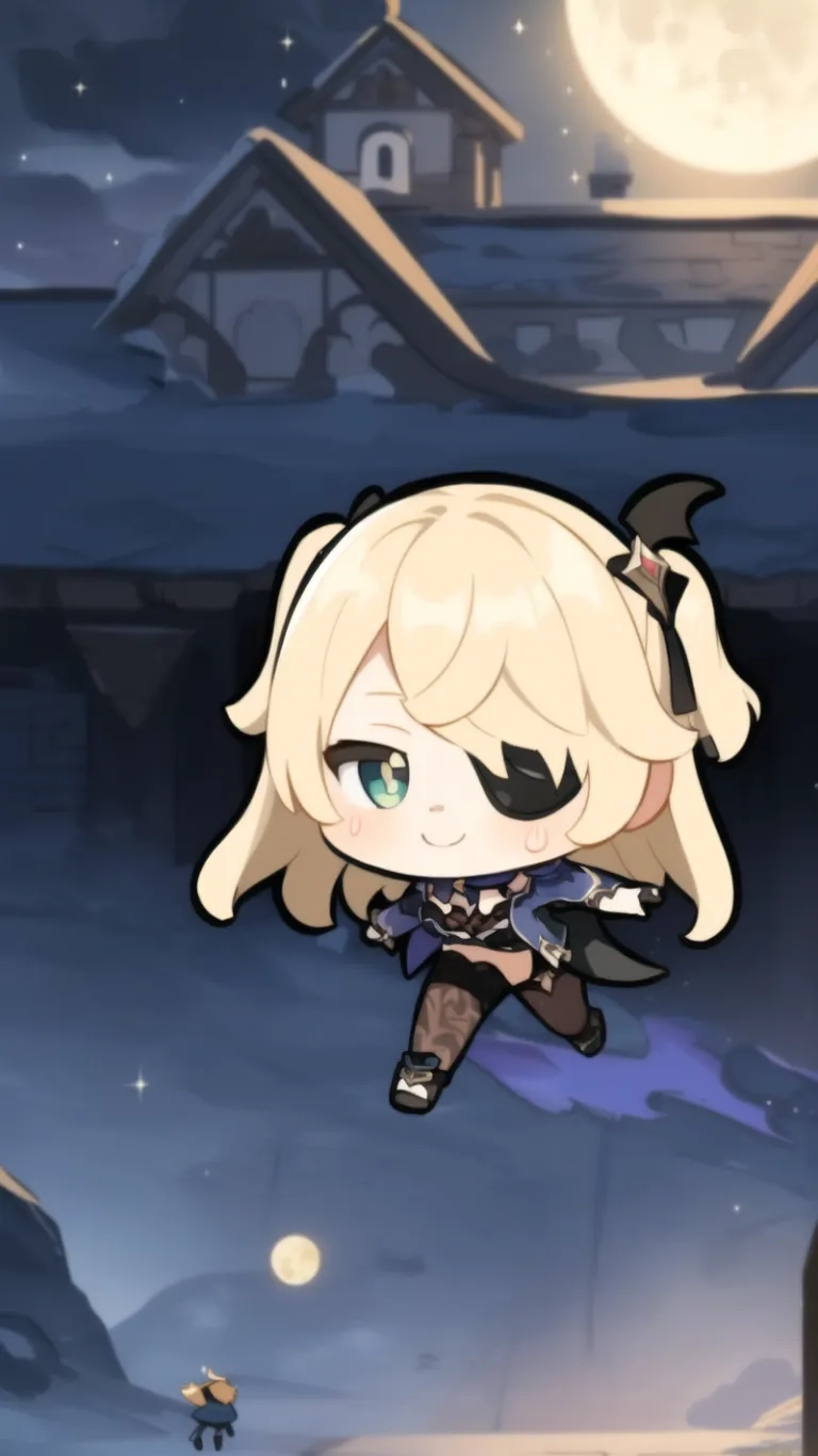 an anime girl with blonde hair flying above the city at night with a full moon behind her and a long, white blonde haired woman standing in front with her hand up
