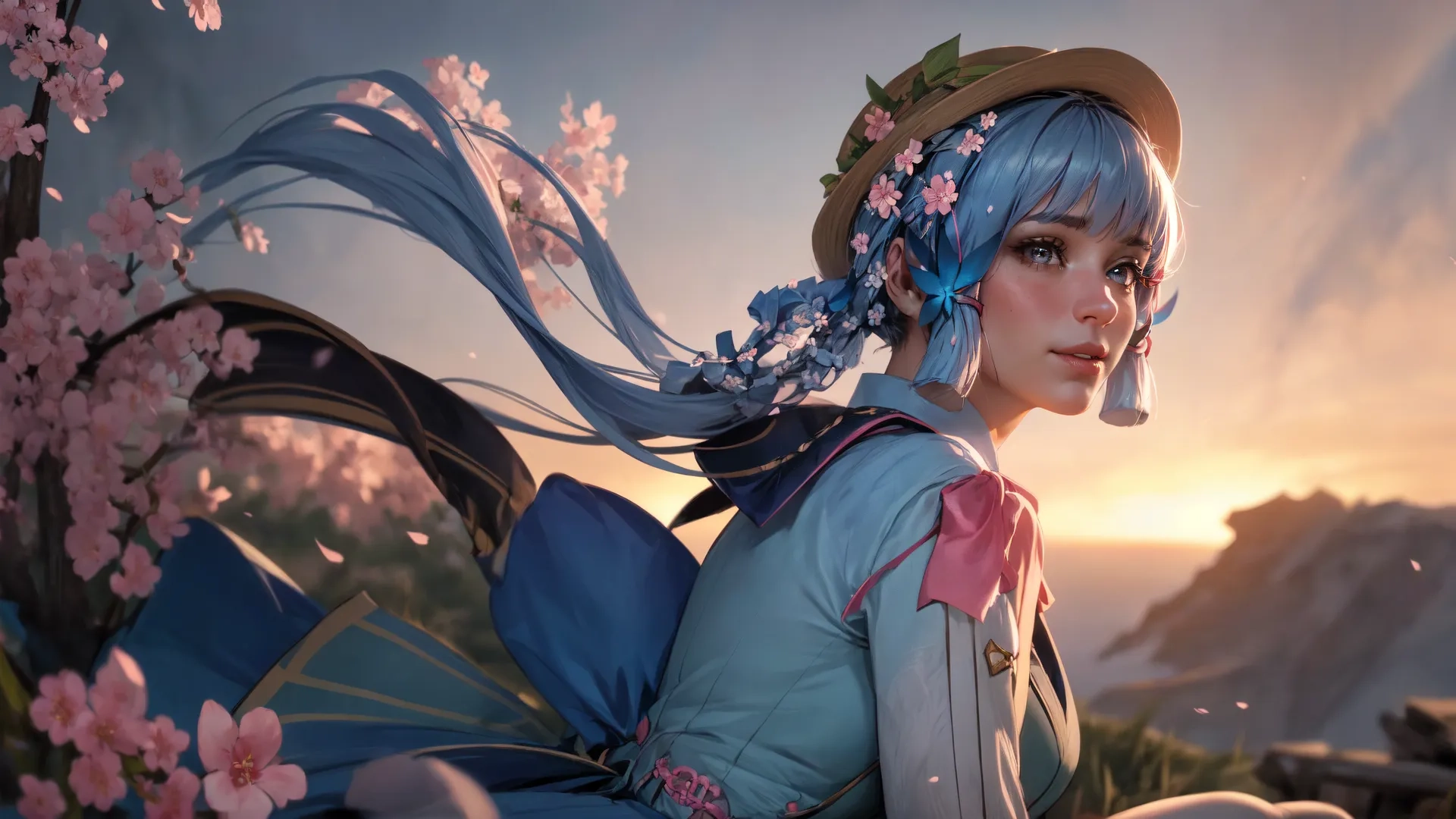 a girl is dressed up and posing in front of flowers, and a mountain view from behind her are many rocks and rocks with bushes behind her