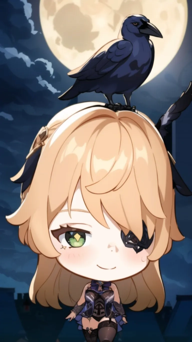 a young girl with green eyes sitting on top of a black crow, watching another bird standing upon her shoulder and perched above her head a person's shoulder