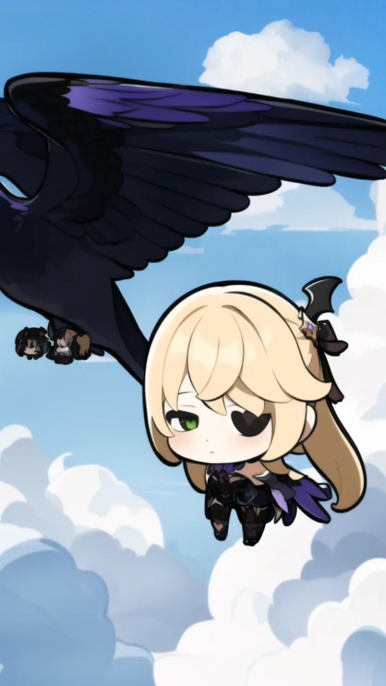 anime girl flying with a crow bird in the sky near her face and mouth open and holding something under her arm up in the air the sky