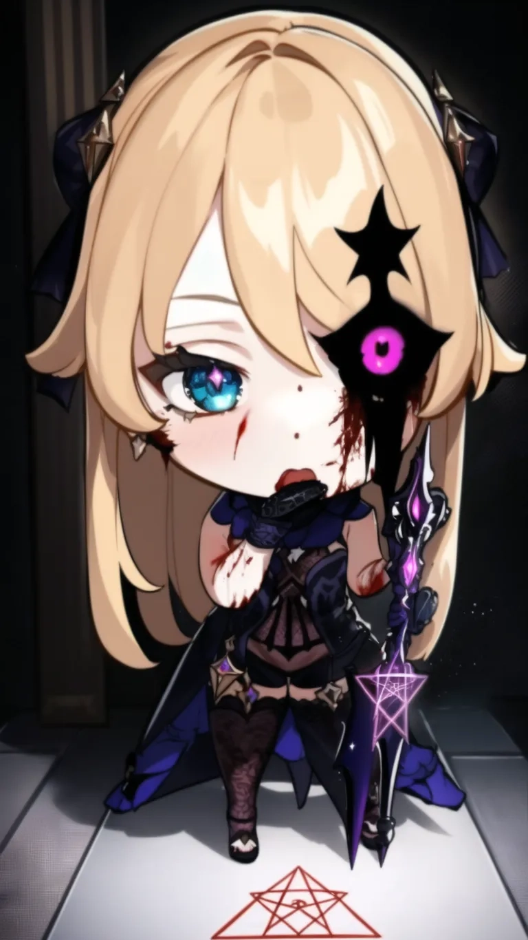 a cartoon character with horns, a weapon and evil eyes with pink and purple eyeballs on one hand and with a black and red sword behind