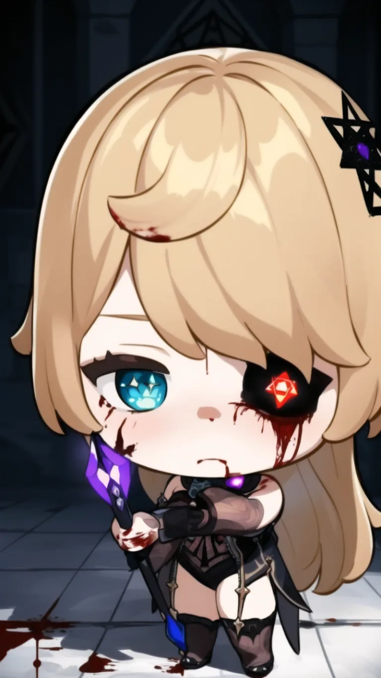 a anime girl with blood on her face holding an acrylic sword and standing next to a bloody red and black paint covered window wall with blood

