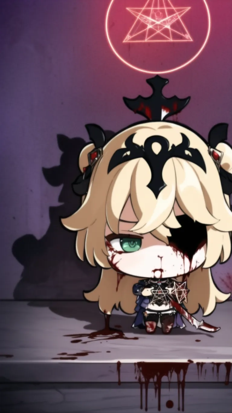 a little anime girl holding a sword with blood dripping from her face and hands on a table with the name demon written above it that reads death knight