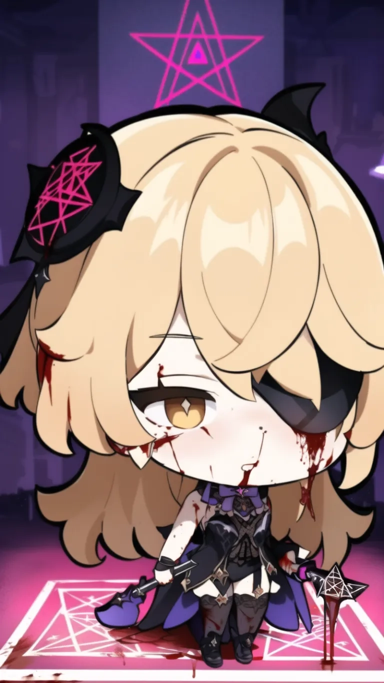 an anime character holding two swords and wearing makeup in front of dark background with lights above them, a small star with arrows hanging high - pointed up across her head