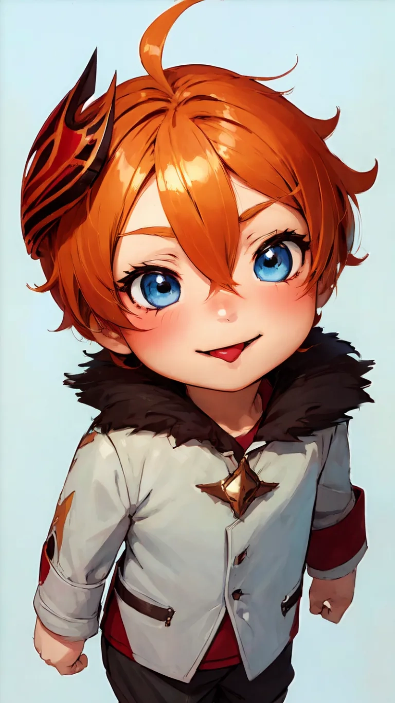 a cartoon anime girl with a red hair wearing gray coat and brown hat with big eyes, black and brown ears and long legs, and a white dress